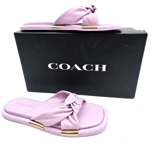Coach Women's Brooklyn Leather Sandals - Violet Lilac Purple Twist Knot Slide 7 - Picture 1 of 8